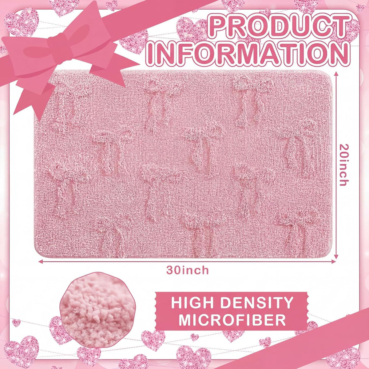 Bow Bath Mat for Bathroom, 20"x32" Cute Preppy 3D Bow Rug, Pink