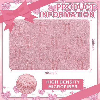 Bow Bath Mat for Bathroom, 20"x32" Cute Preppy 3D Bow Rug, Pink