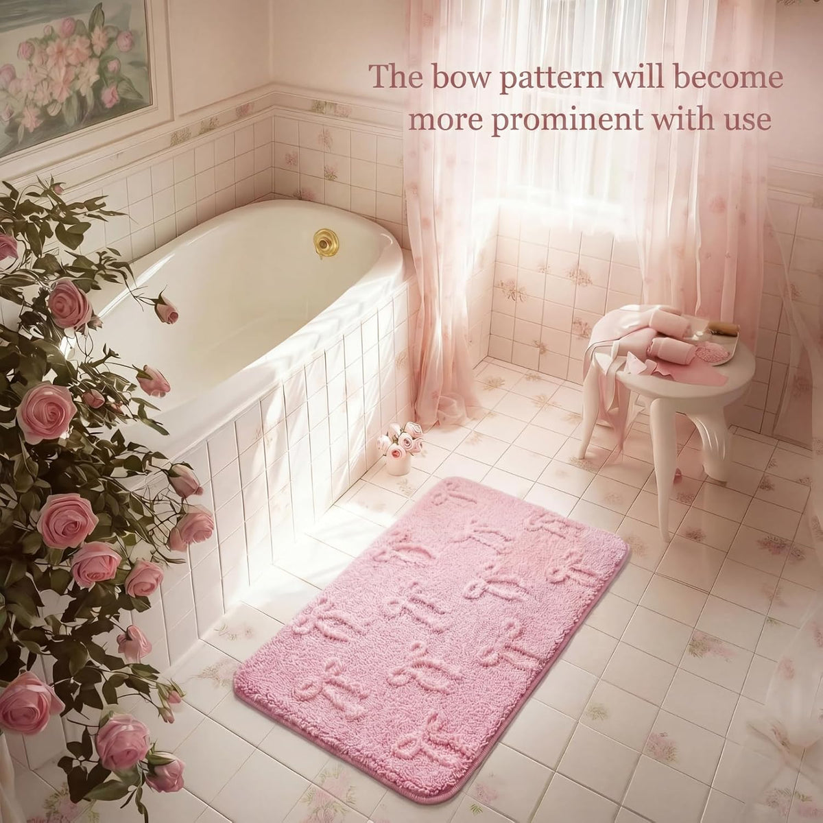 Bow Bath Mat for Bathroom, 20"x32" Cute Preppy 3D Bow Rug, Pink