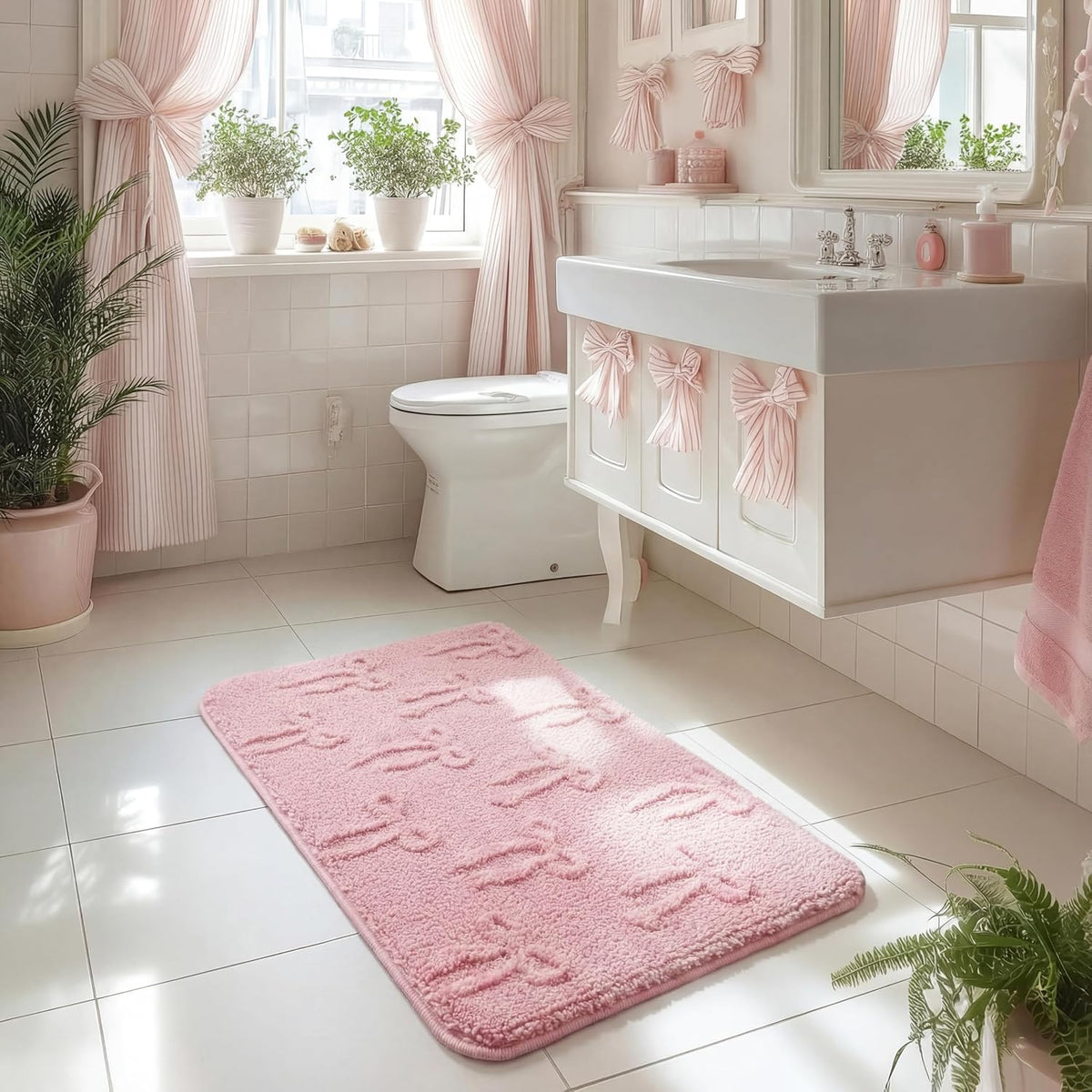 Bow Bath Mat for Bathroom, 20"x32" Cute Preppy 3D Bow Rug, Pink