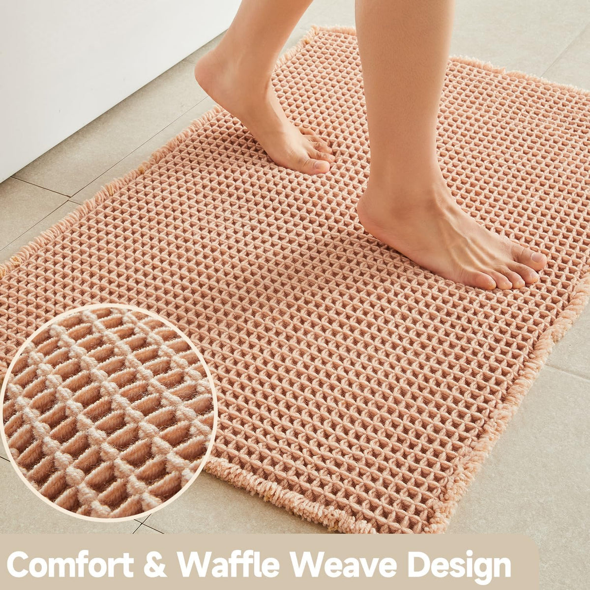 Waffle Bath Mat, Small Boho Bathroom Rugs Non Slip 24x16 Light Peach