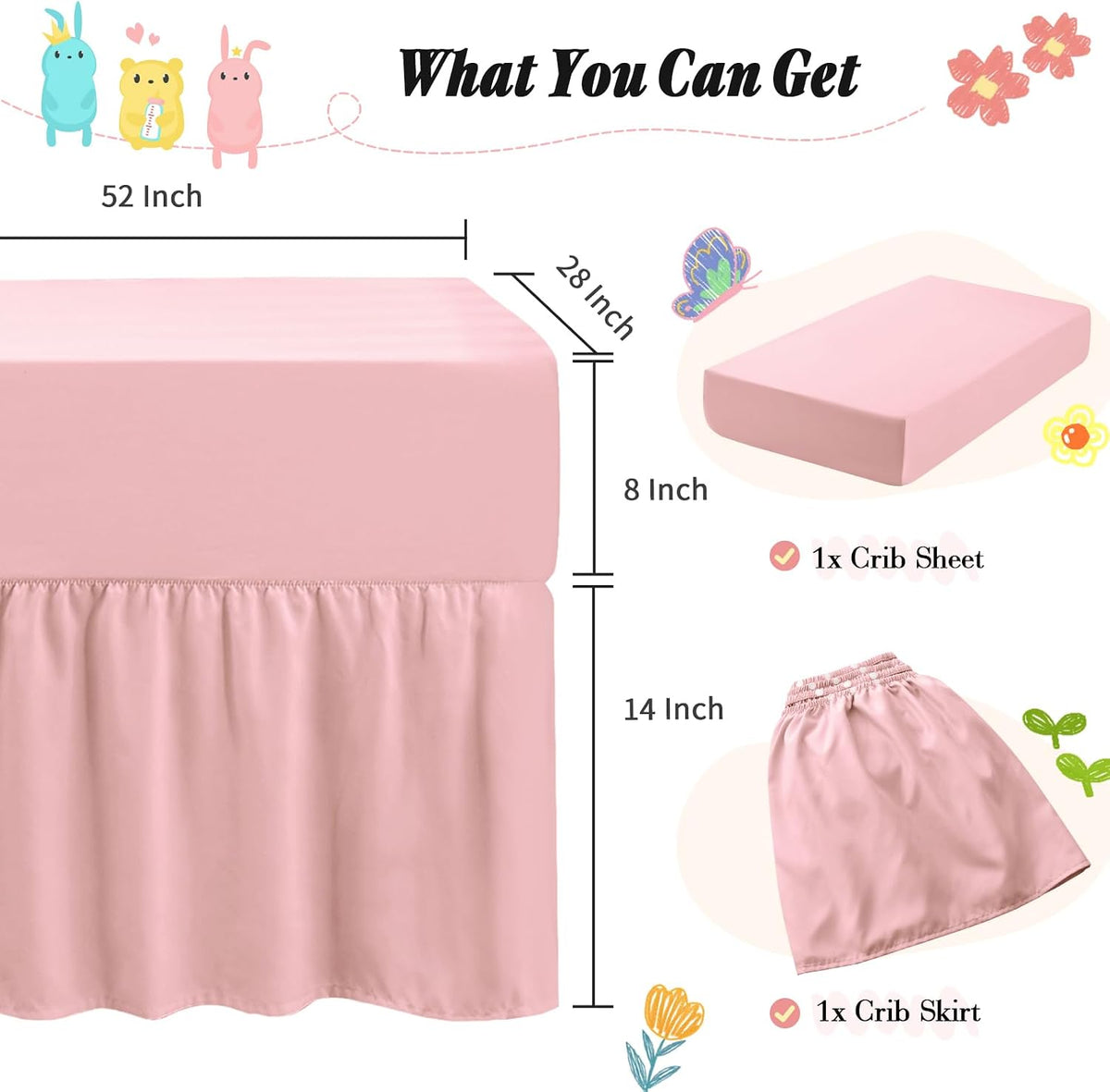 2 Pack Set Crib Skirt & Crib Bed Sheet, Pink
