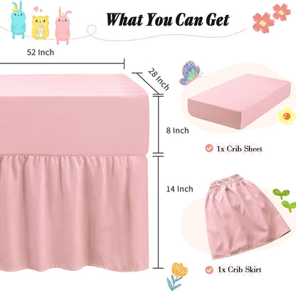 2 Pack Set Crib Skirt & Crib Bed Sheet, Pink