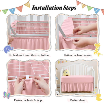 2 Pack Set Crib Skirt & Crib Bed Sheet, Pink