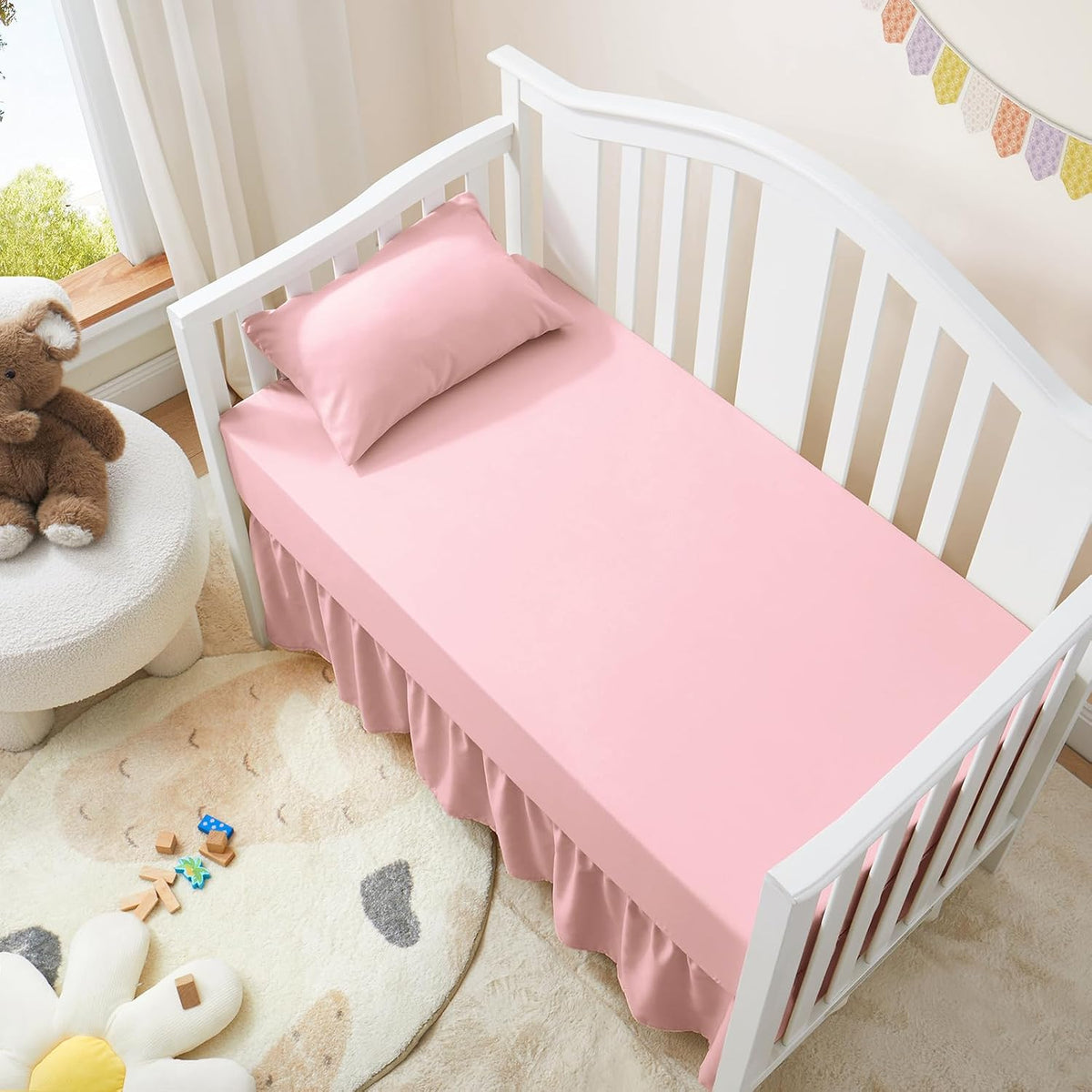 2 Pack Set Crib Skirt & Crib Bed Sheet, Pink