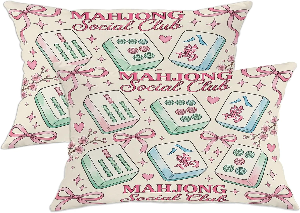 Mahjong Tiles Throw Pillow Covers Set of 2, Playful Fanciful Hearts Bows Casual Pastel Peach with Hidden Zipper Cover Decorative Pillows for Living Room Apartment Bed Sofa Decor 20x12 Inch