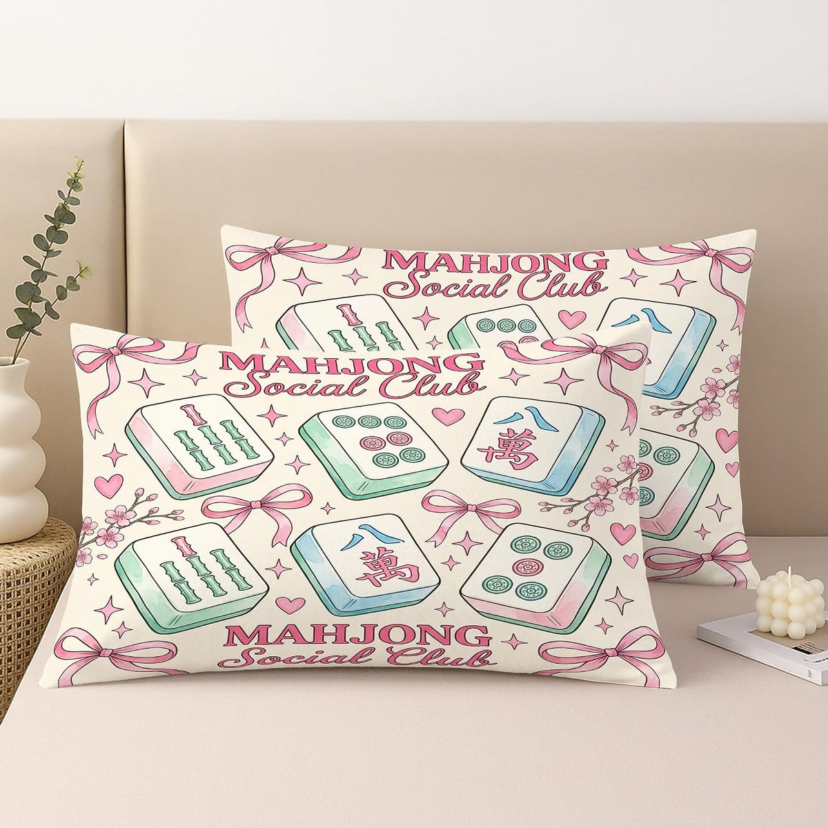 Mahjong Tiles Throw Pillow Covers Set of 2, Playful Fanciful Hearts Bows Casual Pastel Peach with Hidden Zipper Cover Decorative Pillows for Living Room Apartment Bed Sofa Decor 20x12 Inch