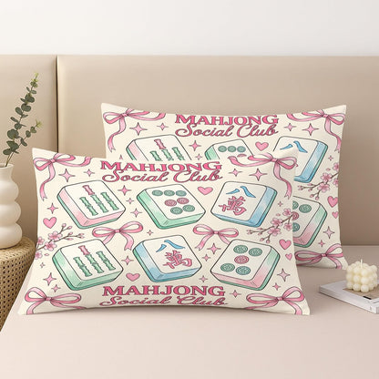 Mahjong Tiles Throw Pillow Covers Set of 2, Playful Fanciful Hearts Bows Casual Pastel Peach with Hidden Zipper Cover Decorative Pillows for Living Room Apartment Bed Sofa Decor 20x12 Inch