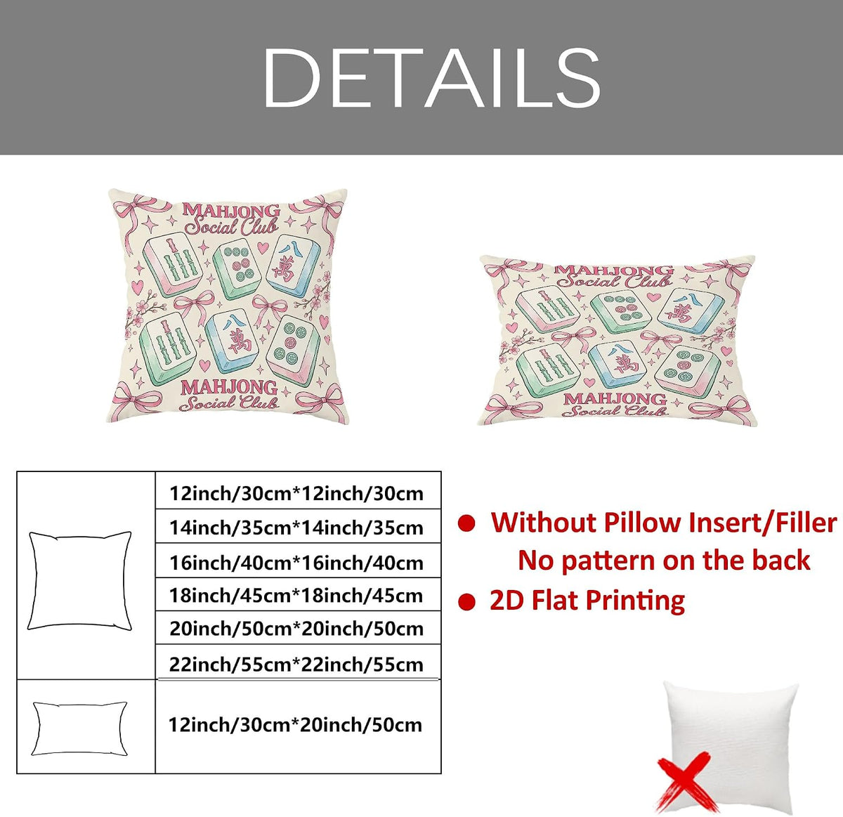 Mahjong Tiles Throw Pillow Covers Set of 2, Playful Fanciful Hearts Bows Casual Pastel Peach with Hidden Zipper Cover Decorative Pillows for Living Room Apartment Bed Sofa Decor 20x12 Inch