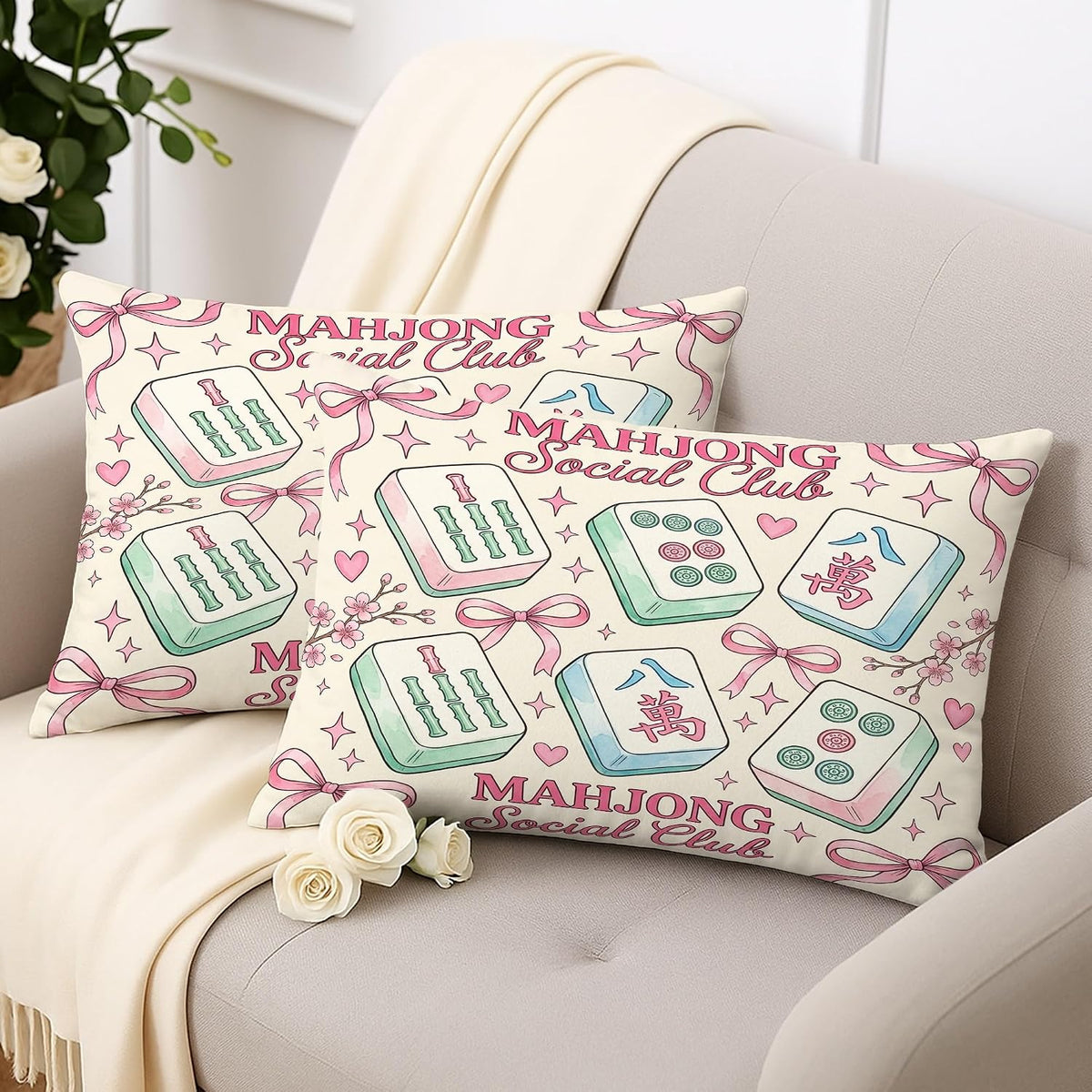 Mahjong Tiles Throw Pillow Covers Set of 2, Playful Fanciful Hearts Bows Casual Pastel Peach with Hidden Zipper Cover Decorative Pillows for Living Room Apartment Bed Sofa Decor 20x12 Inch