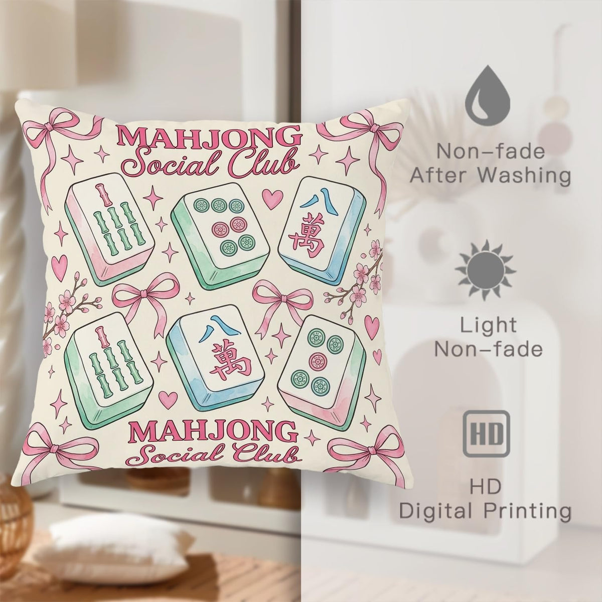 Mahjong Tiles Throw Pillow Covers Set of 2, Playful Fanciful Hearts Bows Casual Pastel Peach with Hidden Zipper Cover Decorative Pillows for Living Room Apartment Bed Sofa Decor 20x12 Inch
