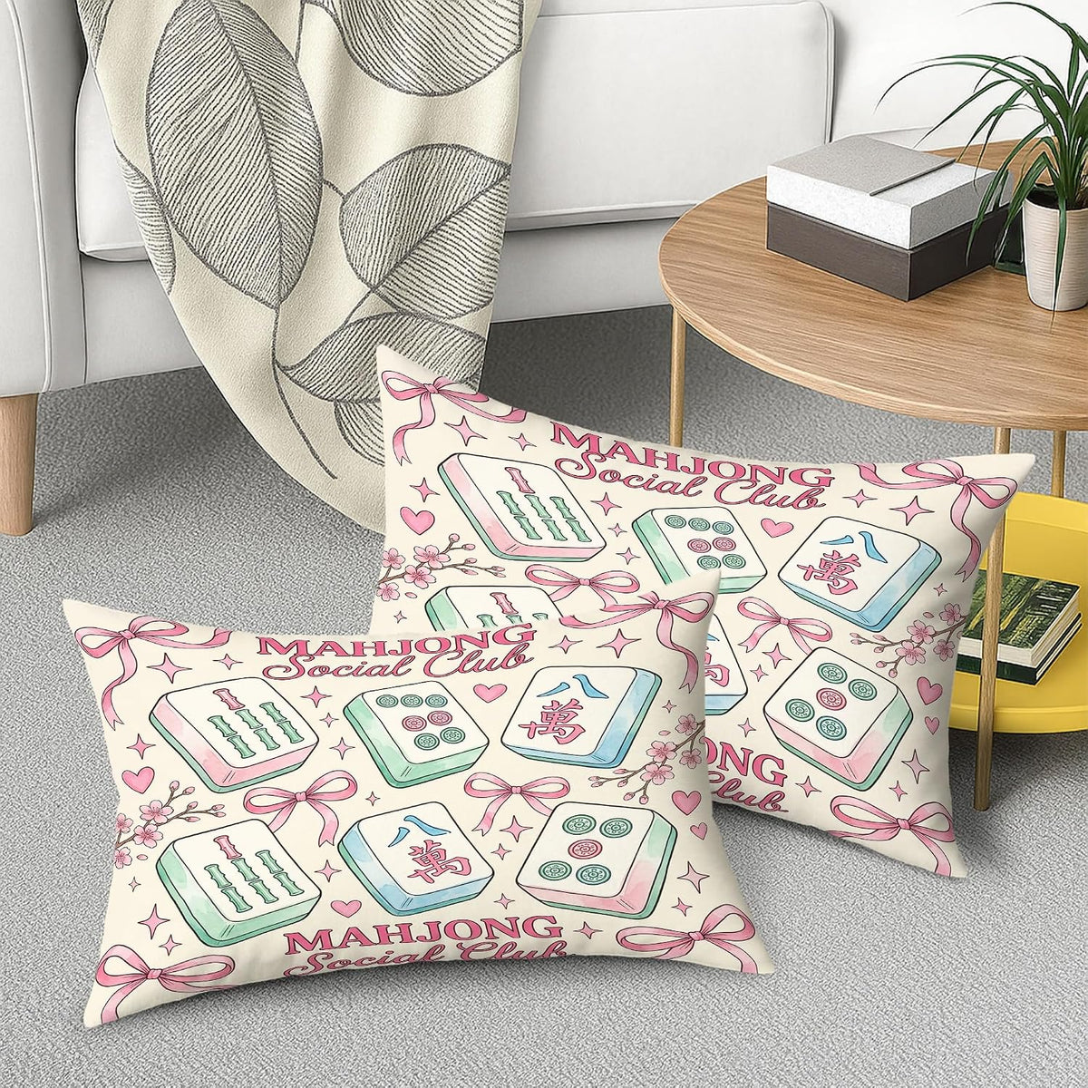 Mahjong Tiles Throw Pillow Covers Set of 2, Playful Fanciful Hearts Bows Casual Pastel Peach with Hidden Zipper Cover Decorative Pillows for Living Room Apartment Bed Sofa Decor 20x12 Inch