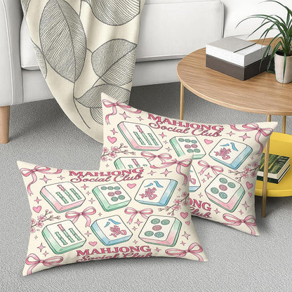 Mahjong Tiles Throw Pillow Covers Set of 2, Playful Fanciful Hearts Bows Casual Pastel Peach with Hidden Zipper Cover Decorative Pillows for Living Room Apartment Bed Sofa Decor 20x12 Inch