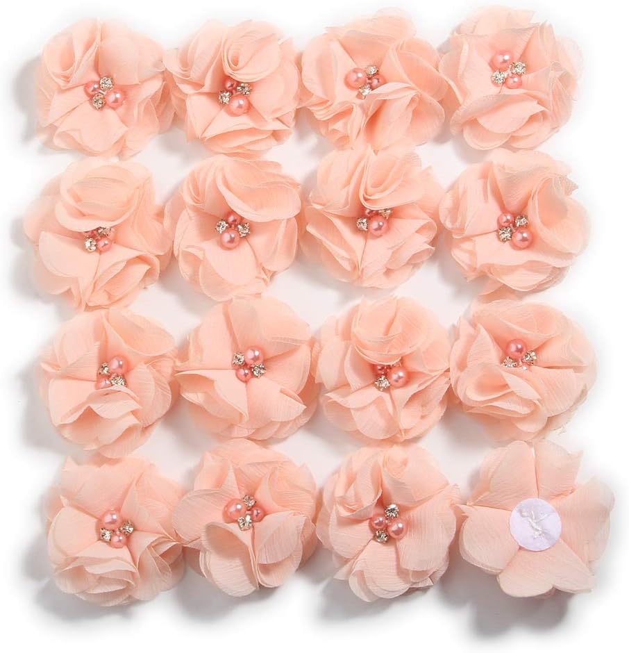 50 Pcs 2" Mini Chiffon Flowers with Rhinestones for Baby Girls Hair Accessories Artificial Fabric Flowers for Headbands Craft Projects (Peach)