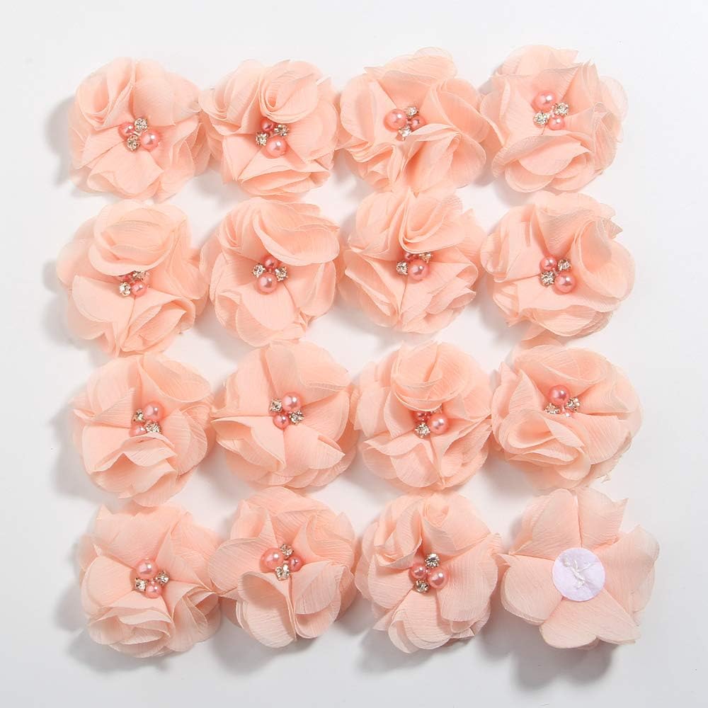 50 Pcs 2" Mini Chiffon Flowers with Rhinestones for Baby Girls Hair Accessories Artificial Fabric Flowers for Headbands Craft Projects (Peach)