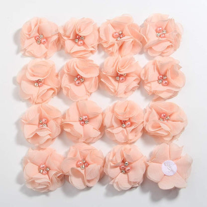 50 Pcs 2" Mini Chiffon Flowers with Rhinestones for Baby Girls Hair Accessories Artificial Fabric Flowers for Headbands Craft Projects (Peach)