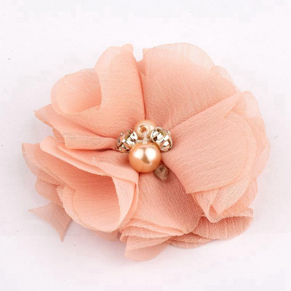 50 Pcs 2" Mini Chiffon Flowers with Rhinestones for Baby Girls Hair Accessories Artificial Fabric Flowers for Headbands Craft Projects (Peach)