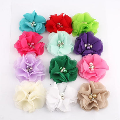 50 Pcs 2" Mini Chiffon Flowers with Rhinestones for Baby Girls Hair Accessories Artificial Fabric Flowers for Headbands Craft Projects (Peach)