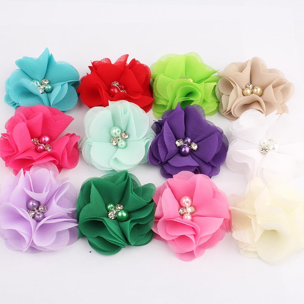 50 Pcs 2" Mini Chiffon Flowers with Rhinestones for Baby Girls Hair Accessories Artificial Fabric Flowers for Headbands Craft Projects (Peach)