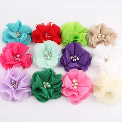 50 Pcs 2" Mini Chiffon Flowers with Rhinestones for Baby Girls Hair Accessories Artificial Fabric Flowers for Headbands Craft Projects (Peach)
