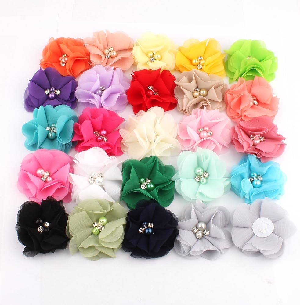 50 Pcs 2" Mini Chiffon Flowers with Rhinestones for Baby Girls Hair Accessories Artificial Fabric Flowers for Headbands Craft Projects (Peach)