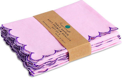 FINGERCRAFT Cloth Napkins, Everyday Use Reversible Scallop Design, Premium Quality Cotton Linen Blend Napkin Set of 6 Perfect for Parties Dinners Weddings Easter Napkin Cloth 20x20 Inch Pastel Rose