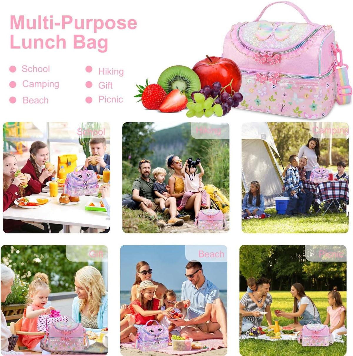 Kids Lunch Bag - Double - Decker Cooler Insulated Lunch Box for Boys Girls,Washable Lunch Bag with Strap and Reusable Toddler Lunchbox for School and Daycare