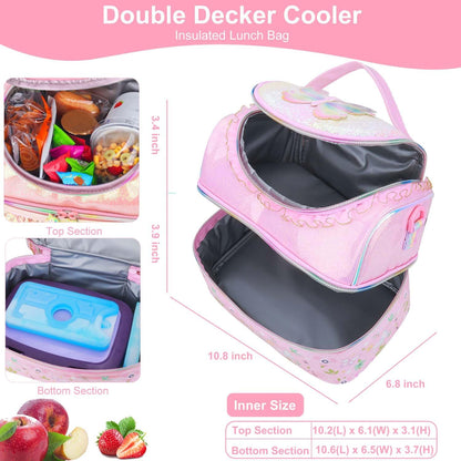 Kids Lunch Bag - Double - Decker Cooler Insulated Lunch Box for Boys Girls,Washable Lunch Bag with Strap and Reusable Toddler Lunchbox for School and Daycare