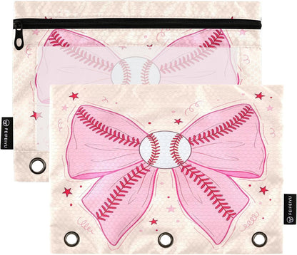 Pink Baseball Bow Pencil Pouch for 3 Ring Binder 2 Pcs Binder Pouches with Zipper Pocket Pencil Case Bag with Clear Window for Storing College Office Supplies