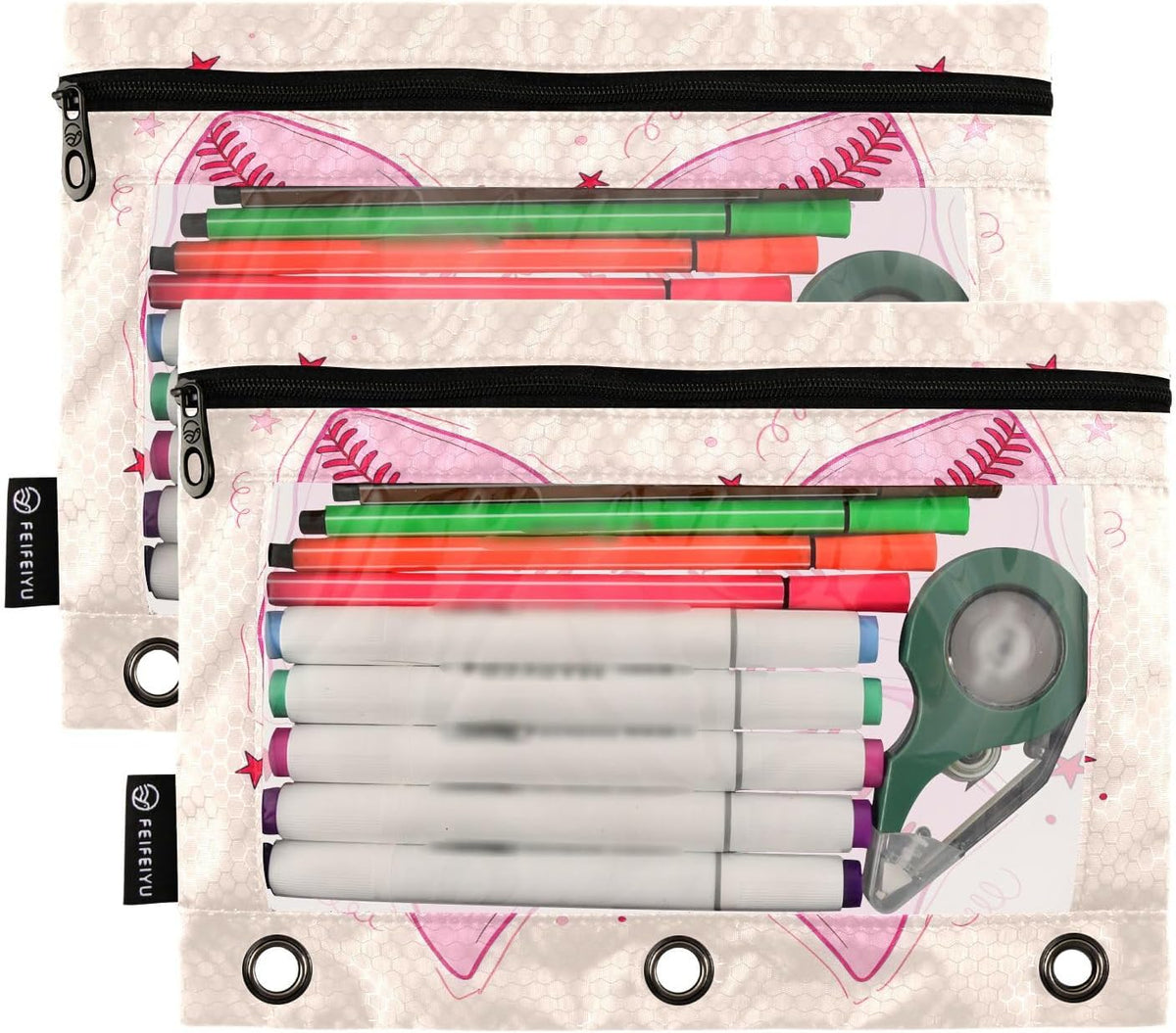 Pink Baseball Bow Pencil Pouch for 3 Ring Binder 2 Pcs Binder Pouches with Zipper Pocket Pencil Case Bag with Clear Window for Storing College Office Supplies
