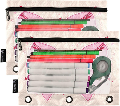 Pink Baseball Bow Pencil Pouch for 3 Ring Binder 2 Pcs Binder Pouches with Zipper Pocket Pencil Case Bag with Clear Window for Storing College Office Supplies