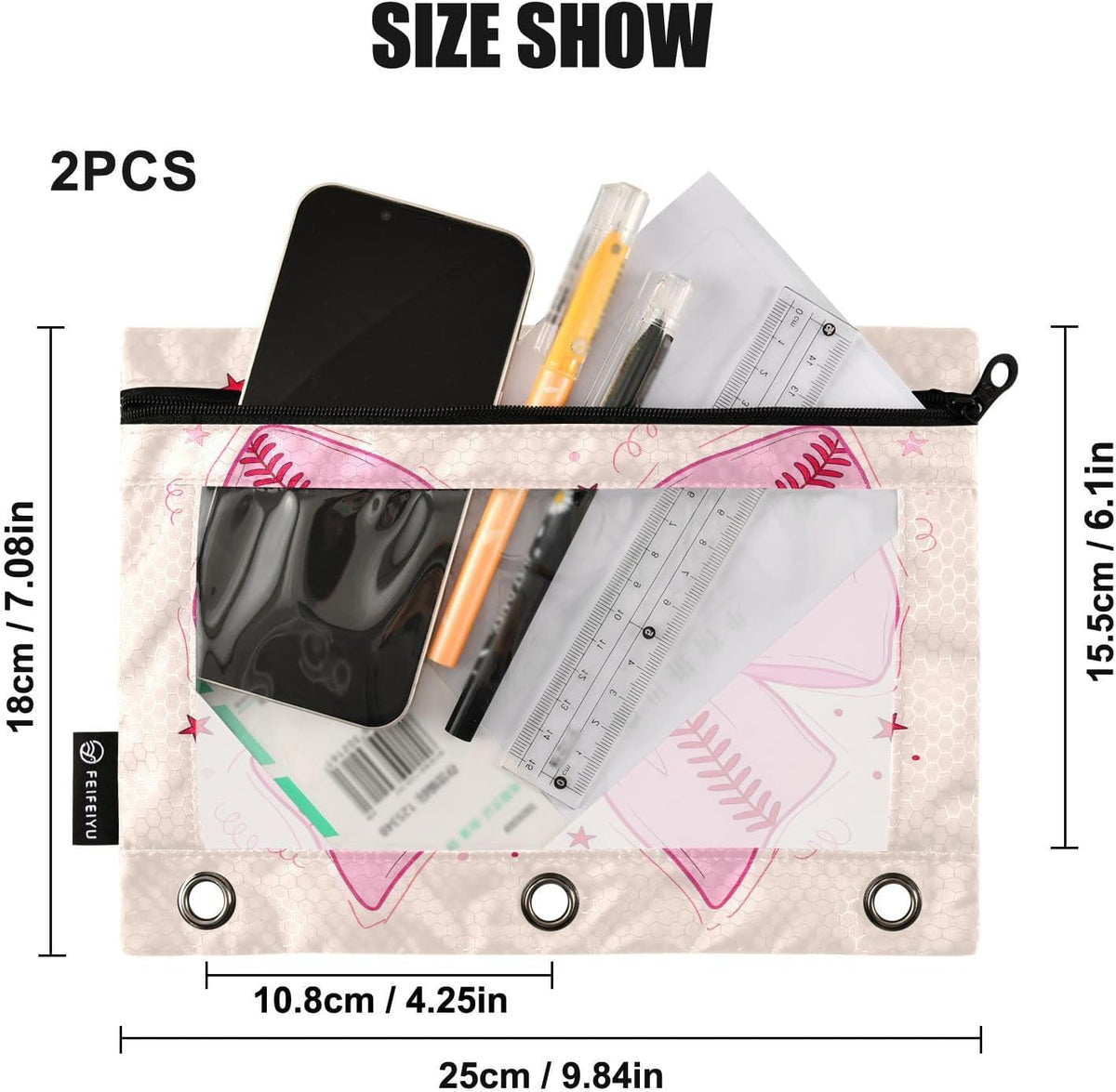 Pink Baseball Bow Pencil Pouch for 3 Ring Binder 2 Pcs Binder Pouches with Zipper Pocket Pencil Case Bag with Clear Window for Storing College Office Supplies