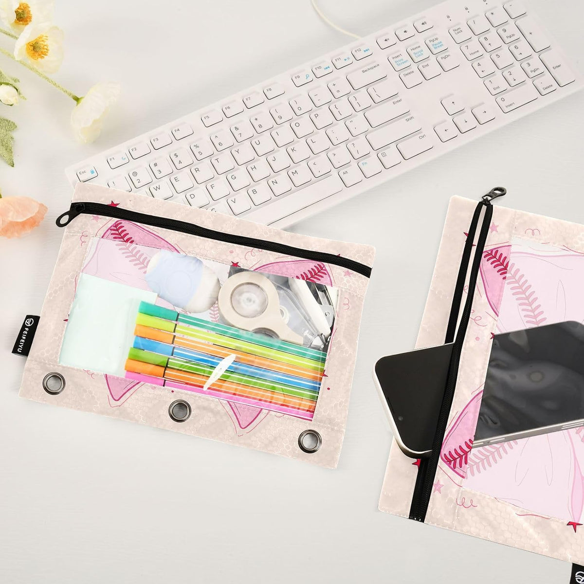 Pink Baseball Bow Pencil Pouch for 3 Ring Binder 2 Pcs Binder Pouches with Zipper Pocket Pencil Case Bag with Clear Window for Storing College Office Supplies
