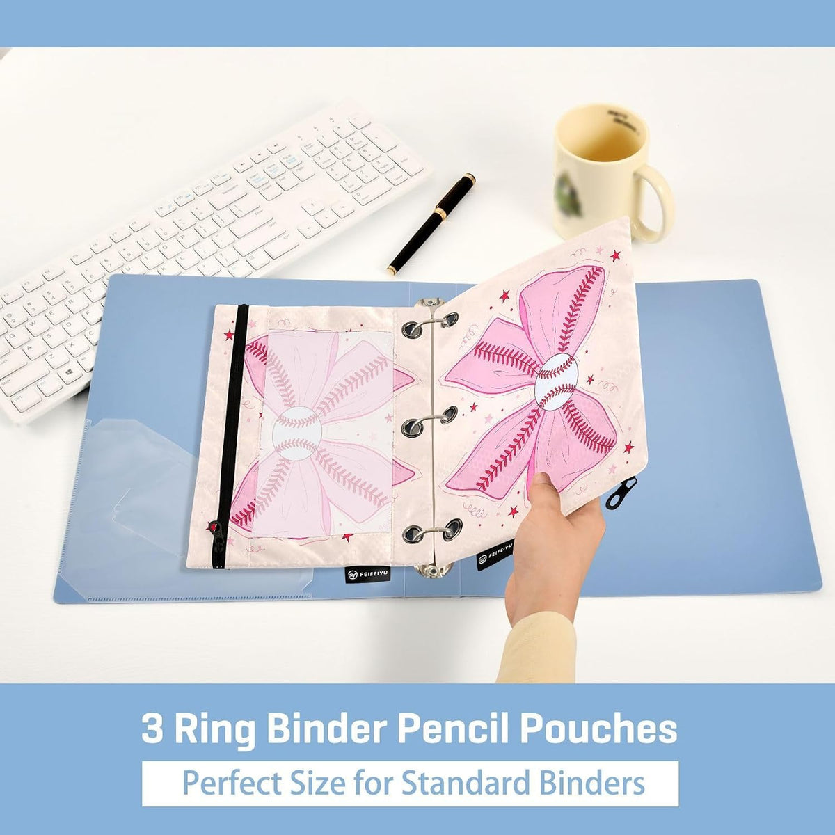 Pink Baseball Bow Pencil Pouch for 3 Ring Binder 2 Pcs Binder Pouches with Zipper Pocket Pencil Case Bag with Clear Window for Storing College Office Supplies