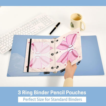 Pink Baseball Bow Pencil Pouch for 3 Ring Binder 2 Pcs Binder Pouches with Zipper Pocket Pencil Case Bag with Clear Window for Storing College Office Supplies