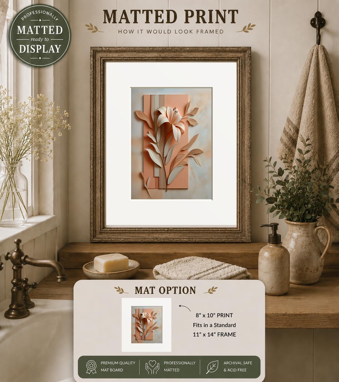 Lily Flower Coral Peach Matted Wall Art Print for Bathroom or Bedroom Walls (Lily 2)