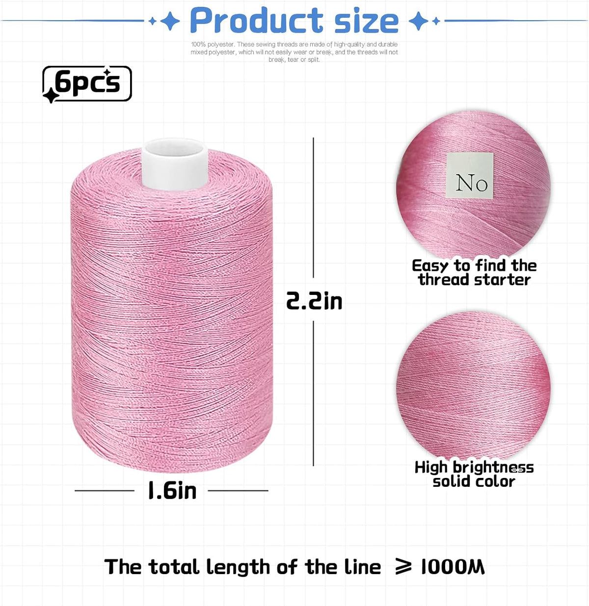 Pink Thread for Sewing, 6 Spools of 1000 Yards Polyester Quilting Thread