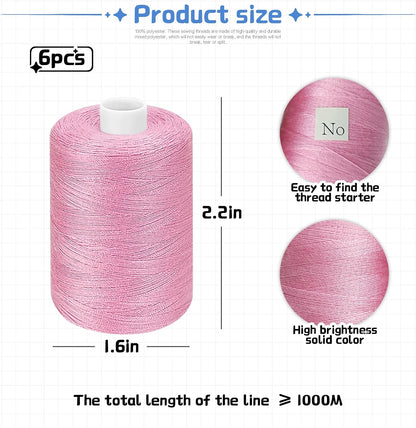 Pink Thread for Sewing, 6 Spools of 1000 Yards Polyester Quilting Thread
