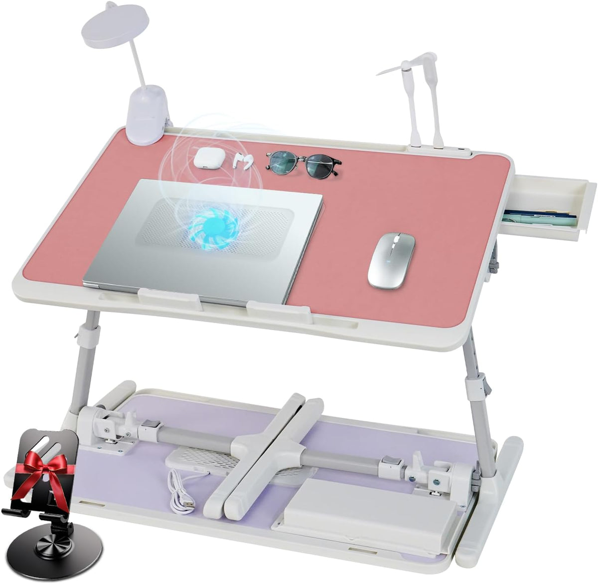 Adjustable Laptop Lap Desk with Cooling Fan USB Light for Adults 60x40cm,Pink