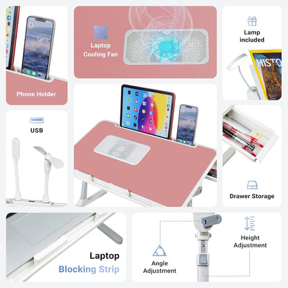Adjustable Laptop Lap Desk with Cooling Fan USB Light for Adults 60x40cm,Pink