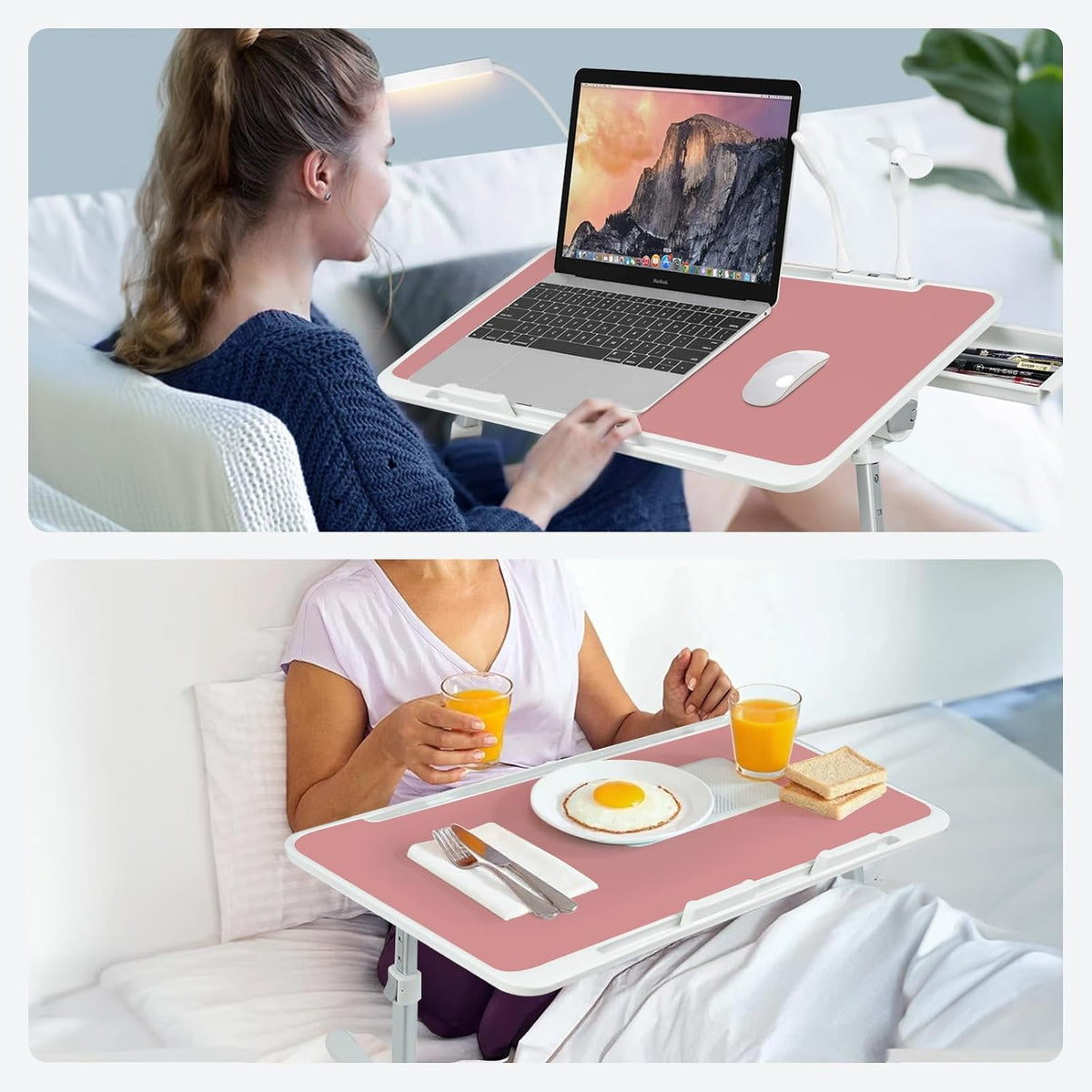 Adjustable Laptop Lap Desk with Cooling Fan USB Light for Adults 60x40cm,Pink