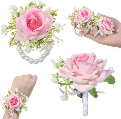 Wrist Corsage and Boutonniere Set, 2Pcs Artificial Rose Flower Corsage Wristlet and Boutonniere for Wedding Prom Party Decor Flowers Accessories for Groom Groomsmen Bride Bridesmaids, Pink