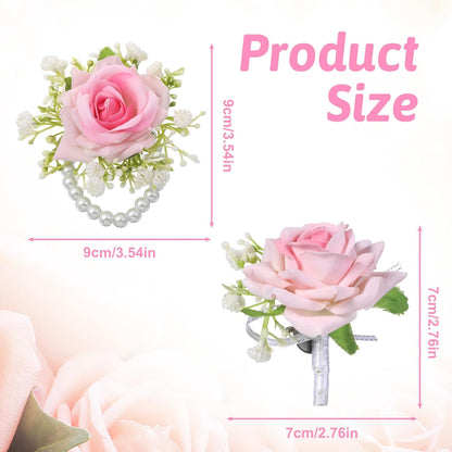 Wrist Corsage and Boutonniere Set, 2Pcs Artificial Rose Flower Corsage Wristlet and Boutonniere for Wedding Prom Party Decor Flowers Accessories for Groom Groomsmen Bride Bridesmaids, Pink