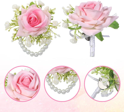 Wrist Corsage and Boutonniere Set, 2Pcs Artificial Rose Flower Corsage Wristlet and Boutonniere for Wedding Prom Party Decor Flowers Accessories for Groom Groomsmen Bride Bridesmaids, Pink