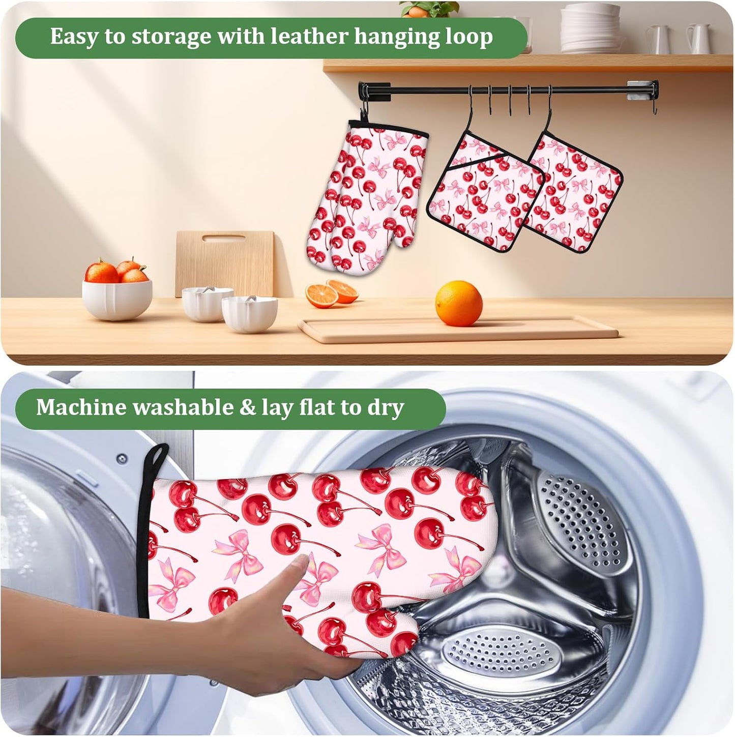 Cherry Pink Bows Oven Mitts and Pot Holders Sets 4 Pcs Cute Silicone Kitchen Gloves Heat Resistant Potholders for Baking Grilling BBQ