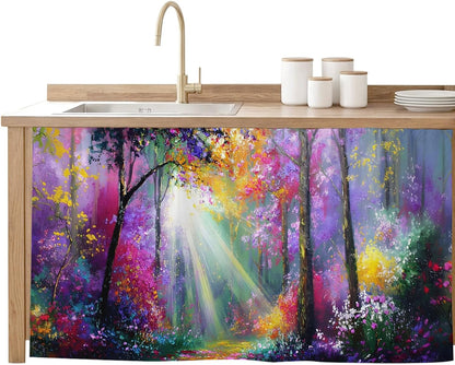 Pink Orange Purple Floral Sink Skirt for Bathroom, Self-Adhesive Under Sink Curtain, Sunlight Trees Botanical Hide Pipes & Storage Fabric Cabinet Skirt Cover for Kitchen Laundry 32"x55"