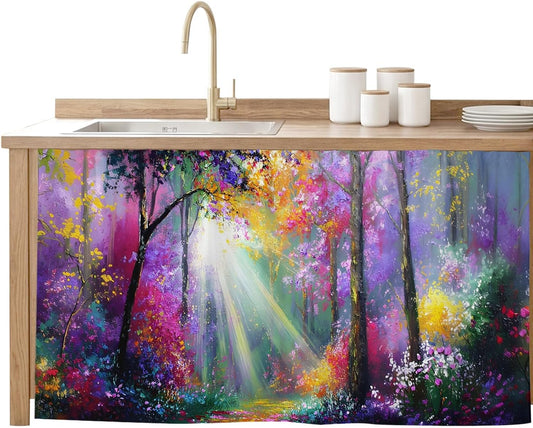 Pink Orange Purple Floral Sink Skirt for Bathroom, Self-Adhesive Under Sink Curtain, Sunlight Trees Botanical Hide Pipes & Storage Fabric Cabinet Skirt Cover for Kitchen Laundry 32"x55"