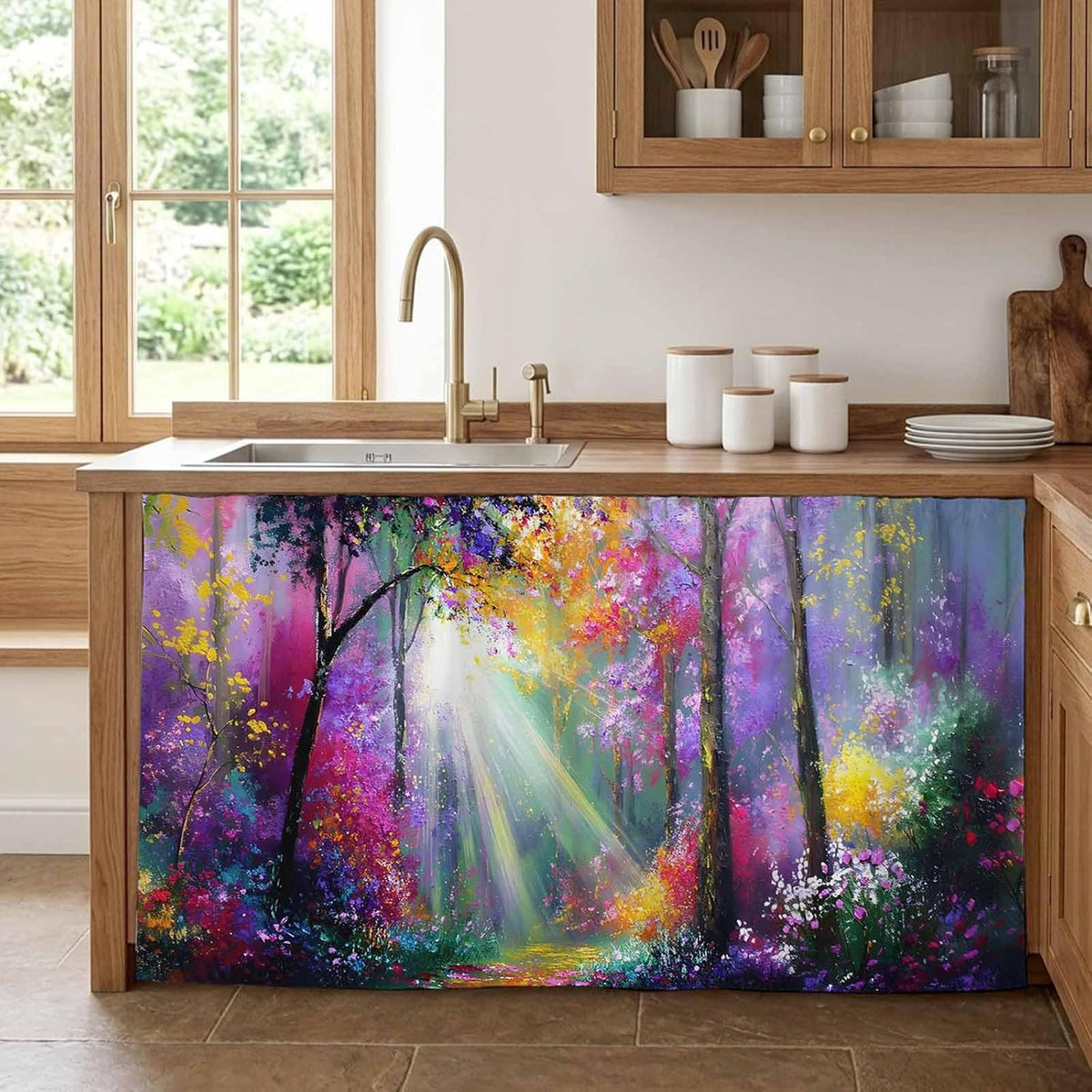 Pink Orange Purple Floral Sink Skirt for Bathroom, Self-Adhesive Under Sink Curtain, Sunlight Trees Botanical Hide Pipes & Storage Fabric Cabinet Skirt Cover for Kitchen Laundry 32"x55"