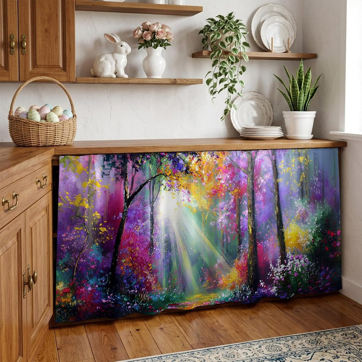 Pink Orange Purple Floral Sink Skirt for Bathroom, Self-Adhesive Under Sink Curtain, Sunlight Trees Botanical Hide Pipes & Storage Fabric Cabinet Skirt Cover for Kitchen Laundry 32"x55"