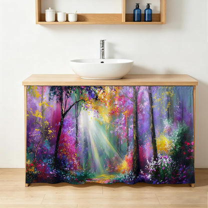 Pink Orange Purple Floral Sink Skirt for Bathroom, Self-Adhesive Under Sink Curtain, Sunlight Trees Botanical Hide Pipes & Storage Fabric Cabinet Skirt Cover for Kitchen Laundry 32"x55"